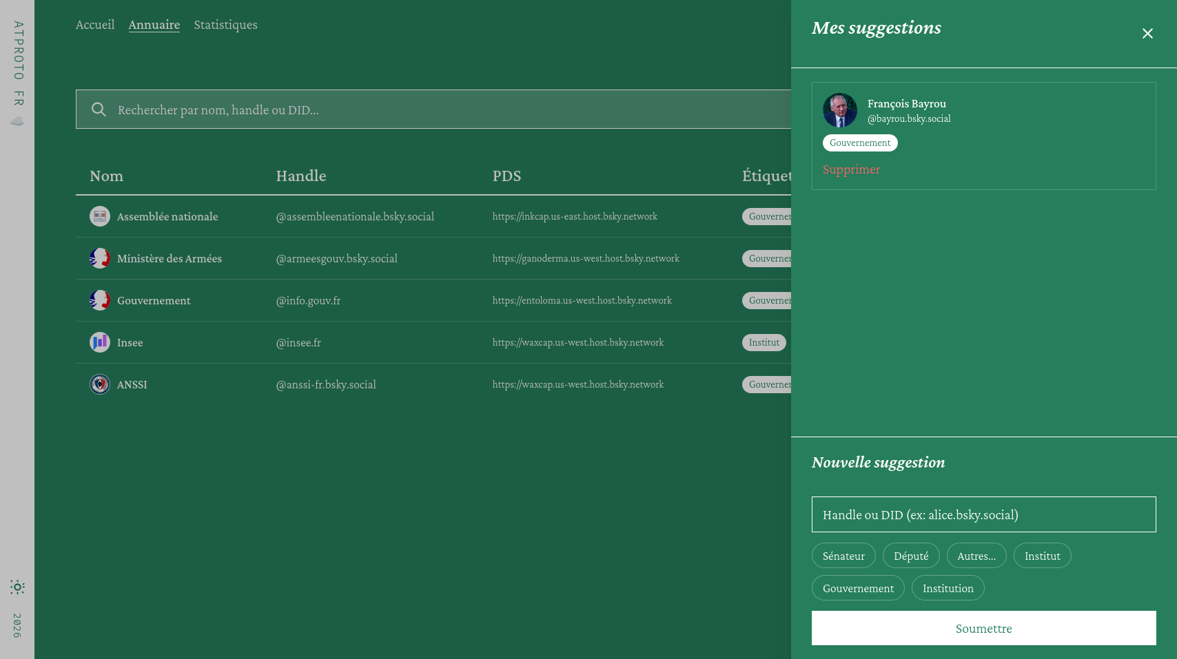 Capture d'écran de l'interface de contribution de l'Annuaire avec au fond la liste des entrées et à droite en bar vertical les suggestions du contributeur.
