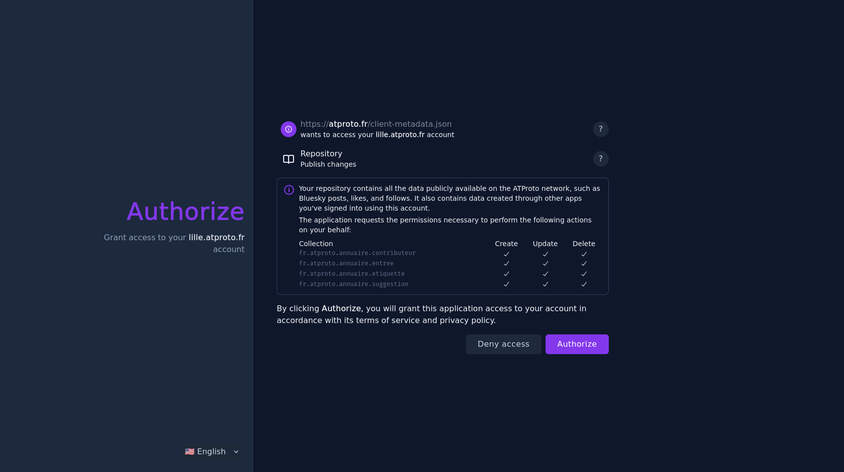 capture d'écran du PDS de l'utilisateur lille.atproto.fr qui déclare les autorisations associées à la connexion.