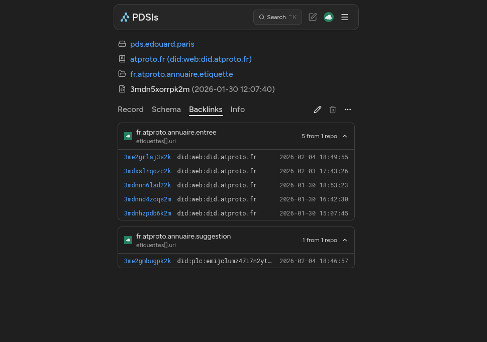 Capture d'écran de pds.ls qui affiche les liens (Backlinks) entre les enregistrement etiquette de atproto.fr et les enregistrement de suggestion des autres utilsateurs.
