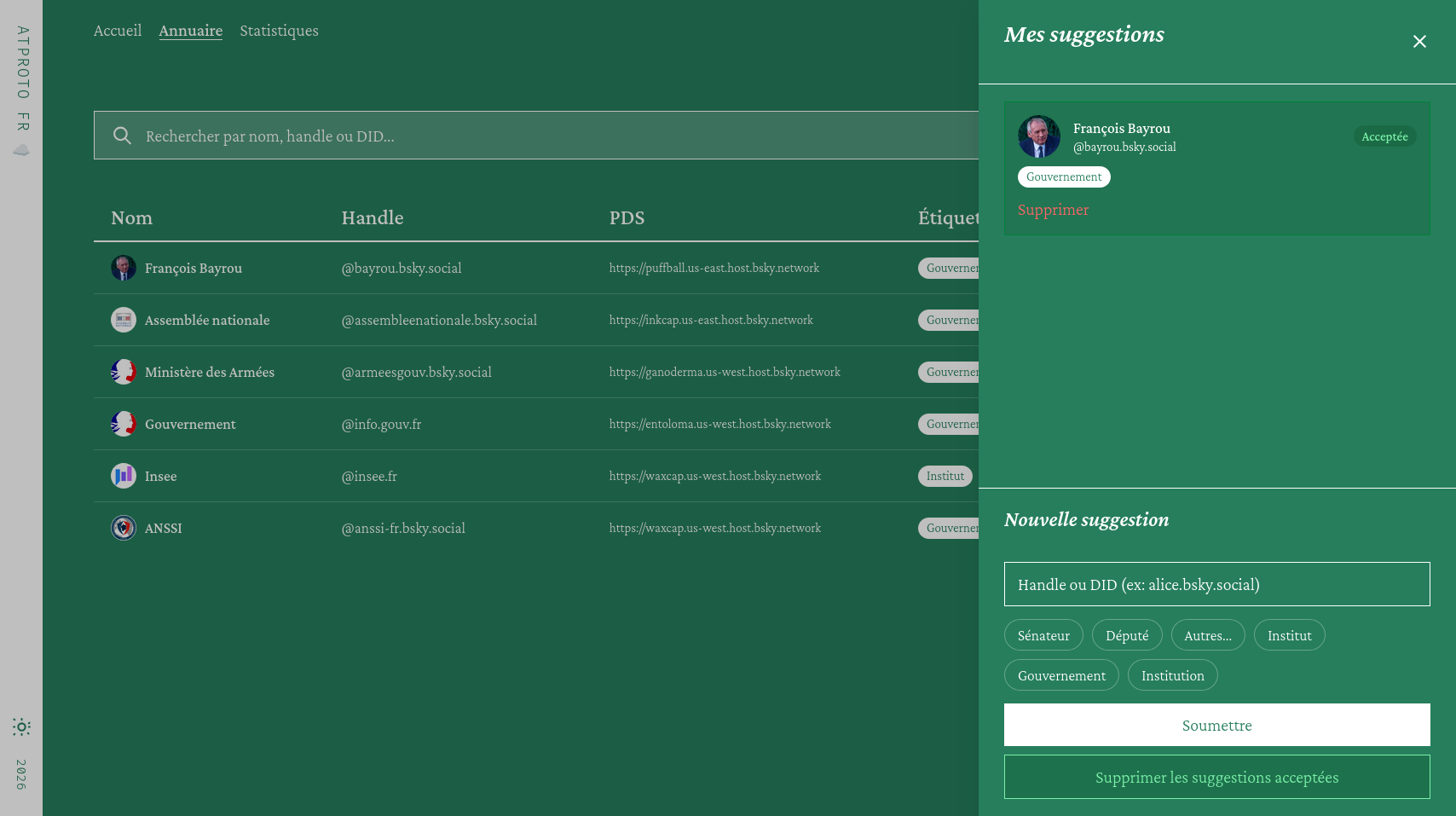 Capture d'écran de l'interface de contribution de l'Annuaire avec au fond la liste des entrées et à droite en bar vertical les suggestions acceptées du contributeur.